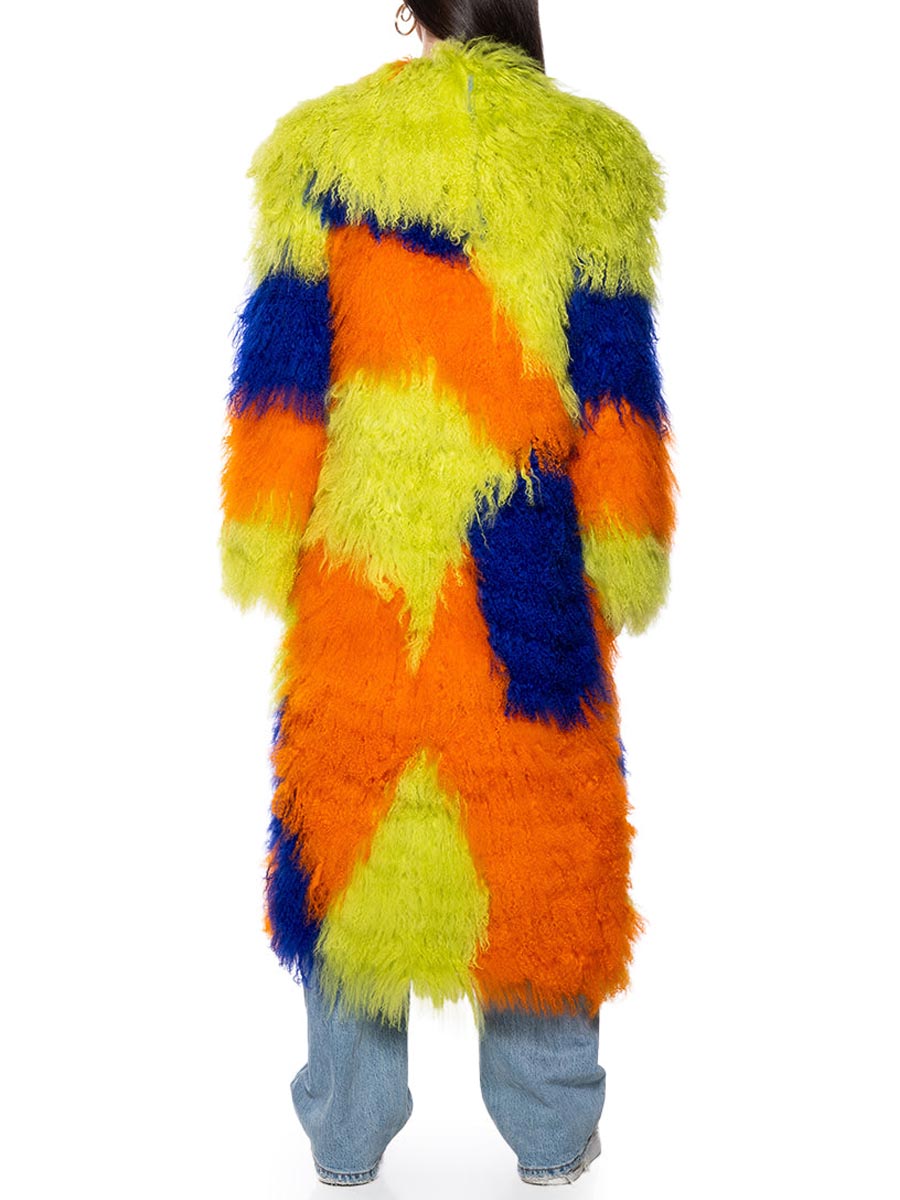 Wide Foldover Collar Fur Colorblock Coat