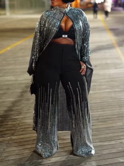 Silver Rhinestone Trim Pants Set