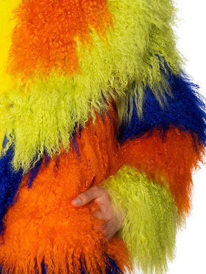 Wide Foldover Collar Fur Colorblock Coat