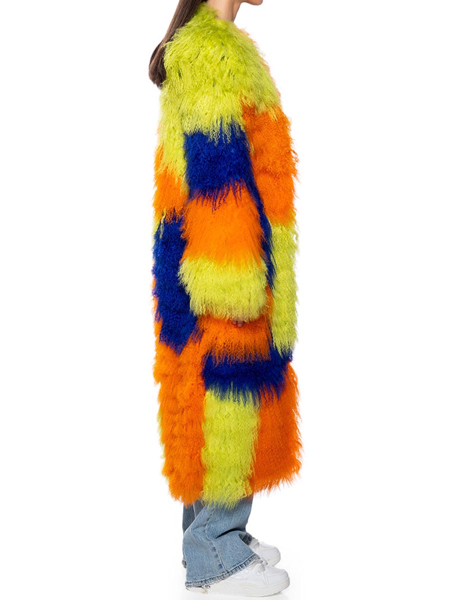 Wide Foldover Collar Fur Colorblock Coat