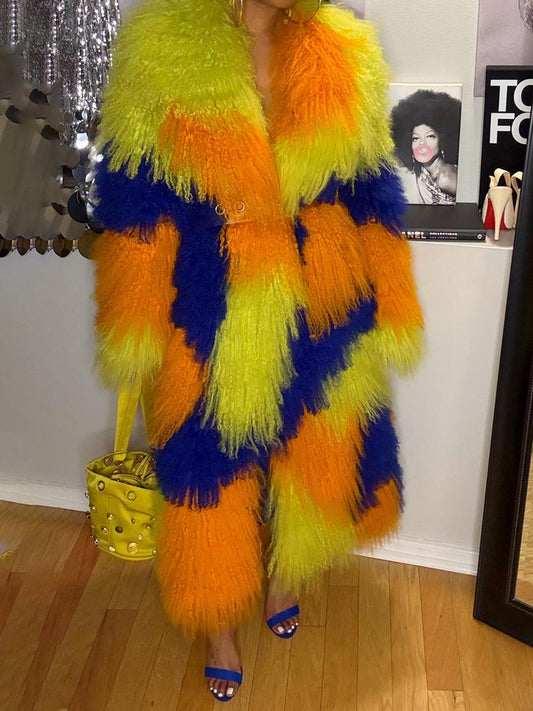 Wide Foldover Collar Fur Colorblock Coat