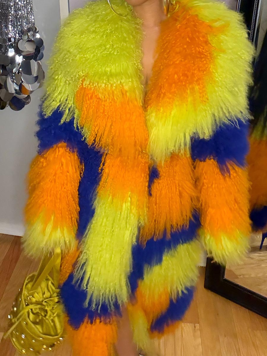 Wide Foldover Collar Fur Colorblock Coat