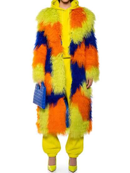 Wide Foldover Collar Fur Colorblock Coat