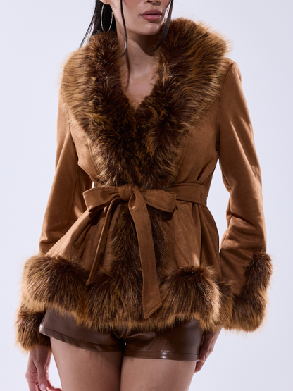 Suede Fur-Trim Coat